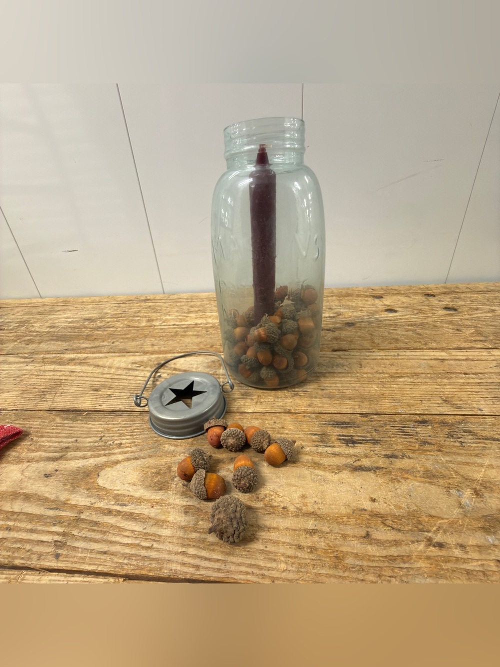 Primitive natural Acorn Candle, blue Mason jar fall decor- warm Brown Orange